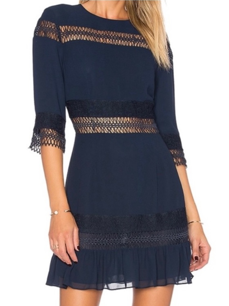 Tularosa Asher Navy Lace Detail Ruffle Hem Mini Dress M